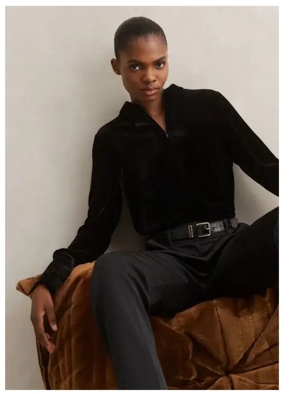 ME+EM Black Silk-Blend Velvet Longline Shirt